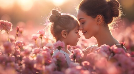 Fundo fotográfico para o Dia das Mães, com mãe e filha em meio a flores. Representação: amor familiar, vínculo materno, beleza da natureza, celebração da primavera - obrazy, fototapety, plakaty