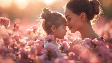 Foto op Aluminium Fundo fotográfico para o Dia das Mães, com mãe e filha em meio a flores. Representação: amor familiar, vínculo materno, beleza da natureza, celebração da primavera © Dudarte