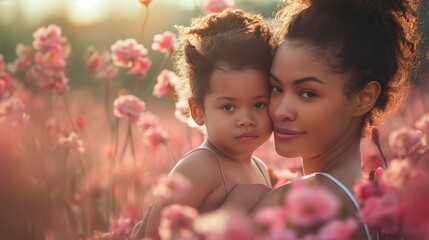 Fundo fotográfico para o Dia das Mães, com mãe negra e filha em meio a flores. Representação: amor familiar, vínculo materno, beleza da natureza, celebração da primavera - obrazy, fototapety, plakaty