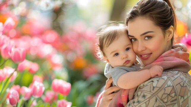 Fundo fotográfico para o Dia das Mães, com mãe e filha em meio a flores. Representação: amor familiar, vínculo materno, beleza da natureza, celebração da primavera