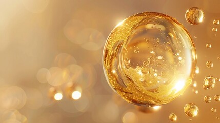 Golden oil bubble with photorealistic details and a glossy finish on background soft gradient of light beige tones
