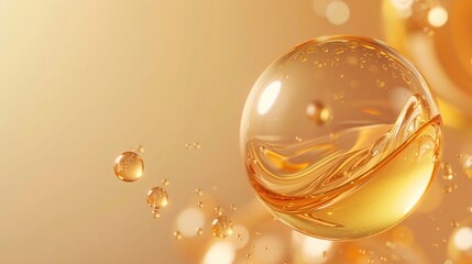 Golden oil bubble with photorealistic details and a glossy finish on background soft gradient of light beige tones