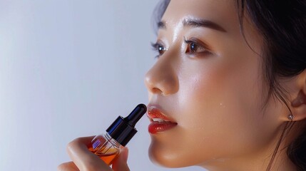 Close up Asian woman taking an oil dropper of face serum with soft blue background