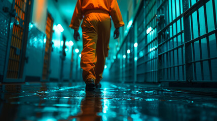 a prisoner in a US federal prison mysteriously entering a cell at night wearing an orange prisoner uniform,generative ai - obrazy, fototapety, plakaty