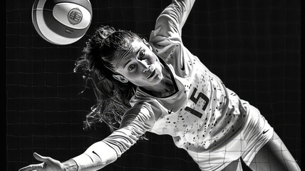 black and white photo of female volleyball player in midair,generative ai