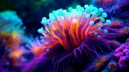 Naklejka na ściany i meble Macro shot on coral polyps. Neon corals, macro shot of ocean world, background, underwater world
