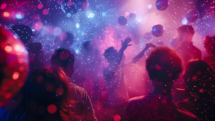 Colorful Nebula as a Backdrop for a Festive Party Scene