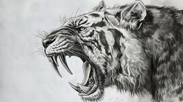 head of sabertooth prehistoric tiger roaring, pencil sketch side view