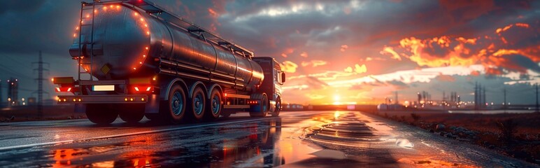 Rear view of big metal fuel tanker truck in motion shipping fuel to oil refinery against sunset sky - obrazy, fototapety, plakaty
