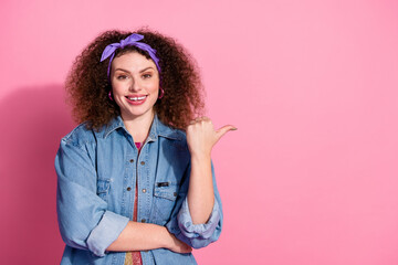 Photo of excited cool lady dressed jeans outfit showing thumb empty space isolated pink color background