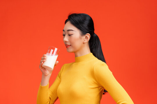 Millennial female recommending healthy nutrition on red 