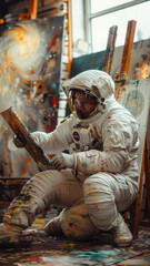 Fototapeta na wymiar an astronaut painting on a canvas in a bright studio,generative ai
