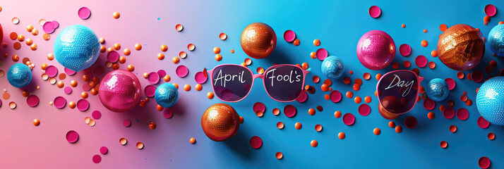 Abstract cheerful banner in the concept of April Fool's Day or April Fool's Day. Levitating bright balls.