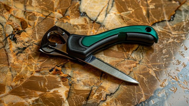 Vertical shot of a green and black colored dog or puppy nail cutter or trimmer on a brown marble floor