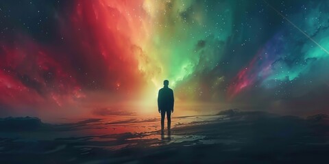 Silhouette of a person standing before a colorful aurora-like skyscape. of human emotion as colorful auroras emanating from a silhouetted figure