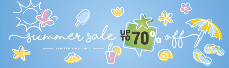 Summer Sale up to 70% percent off speech bubble handwritten typography lettering line design colorful ice cream parasol shells starfish thongs cocktail flowers butterflies and sun blue greeting card - obrazy, fototapety, plakaty