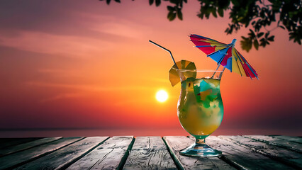 Refreshing cocktail on wooden table at sunset