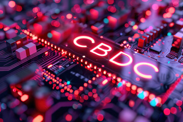 Futuristic CBDC Background on Digital Interface with Glowing Neon Lights