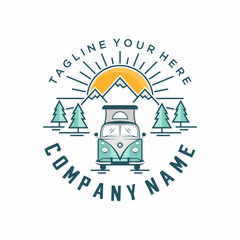 Camper van or recreational vehicle (RV) adventure car logo template, Travel and leisure vecktor design. © ira