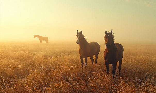 beautiful horses in a impressive beath taking landscape, generative ai