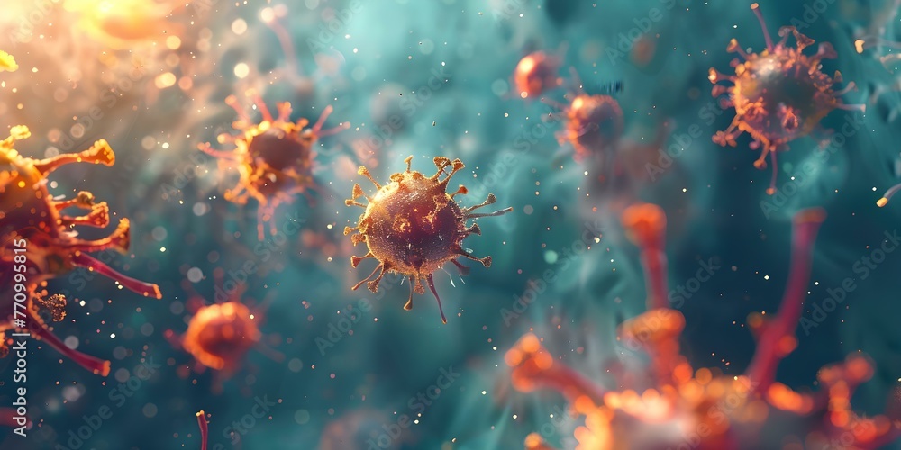 Poster microscopic view of floating viruses illustrating immunotherapys use of the bodys immune system to f