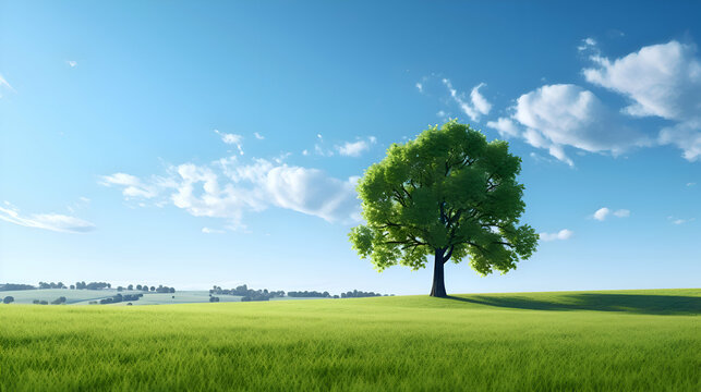Green tree in the field and blue sky with clouds. 3d rendering