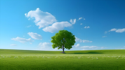 Green meadow and tree on blue sky background. Nature composition.