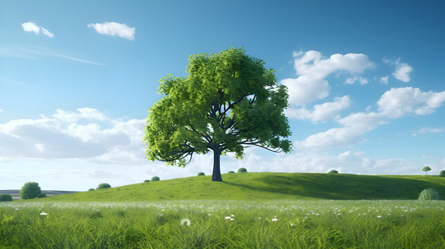 Tree on green meadow and blue sky with clouds. 3d render