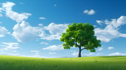 Fototapeta na wymiar Green tree on a green meadow with blue sky and white clouds