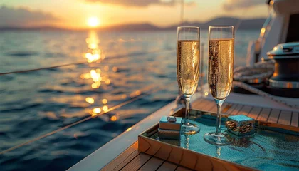Foto op Plexiglas a box with a diamond ring in the style of Tiffany's, on an elegant tray with champagne filled glasses, on a sailing boat deck.generative ai © Chanya2498