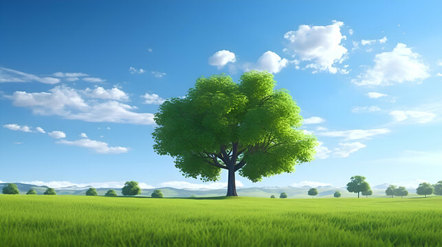 Green tree on the meadow and blue sky. 3d render