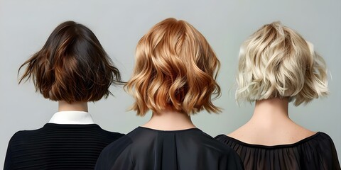 Different textured layered bob haircuts showcasing detailed back views and styling tips for various haircut styles. Concept Layered Bob Haircuts, Textured Styles, Back Views, Styling Tips - obrazy, fototapety, plakaty