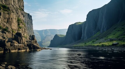 Impressive and dramatic lake scene with cliffs - obrazy, fototapety, plakaty
