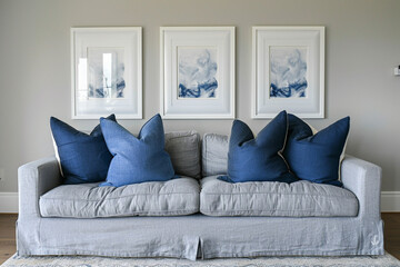 A contemporary lounge with a gray linen couch, blue throw pillows, and a quartet of white frames for art.