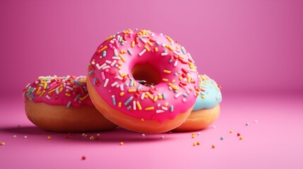 Sprinkled pink donuts concept background. Frosted sprinkled doughnuts poster wallpaper. Creative sweet food. Raster bitmap digital illustration. AI artwork.