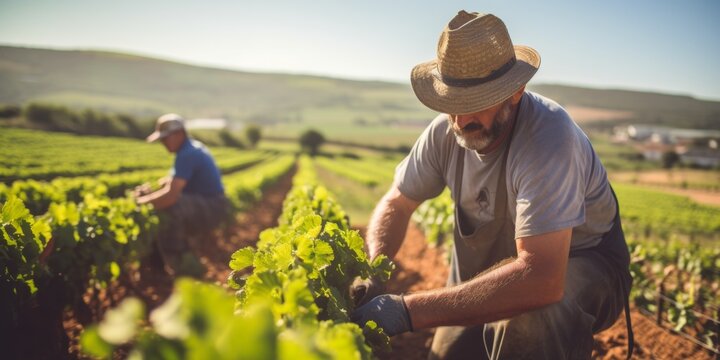 Middle-aged men farmers harvest grapes on the farm. Generative AI.