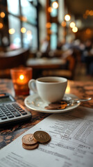 Fototapeta na wymiar A cup of coffee a calculator and some coins on a table in a cafe
