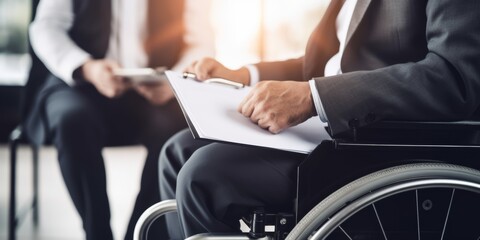 Positive disabled young man in wheelchair working in office. Company CEO in wheelchair reading business report. Generative AI. - obrazy, fototapety, plakaty