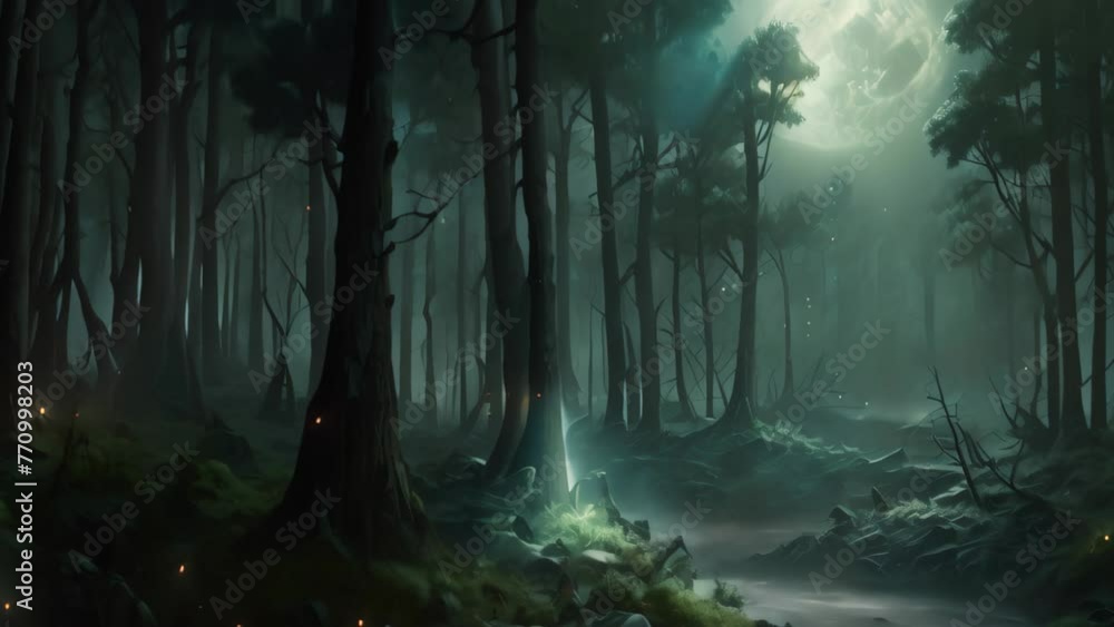 Poster fantasy landscape with a path in the dark forest. 3d rendering, ai generated