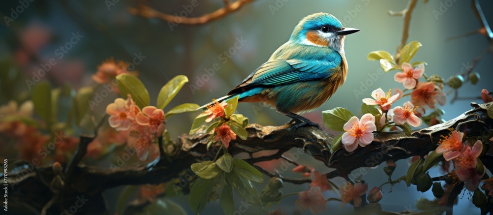 Poster a jay perched on a branch of a tree with flowers, its colorful feathers shimmering in the sunlight. 