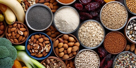 Healthy balanced food top view. Organically fresh fruits and vegetables on the table. Generative AI.