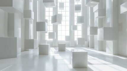 Geometric White Room with Floating Cubes Generative AI