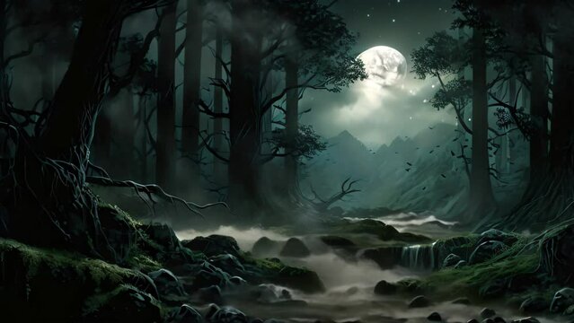Foggy forest at night with full moon. 3D rendering, AI Generated