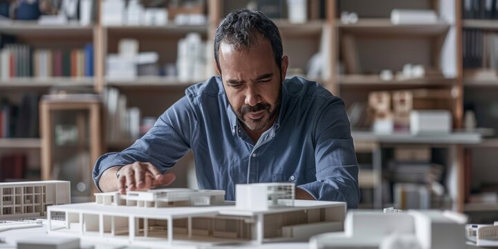Biracial male architect working on a building model at office. Generative AI.