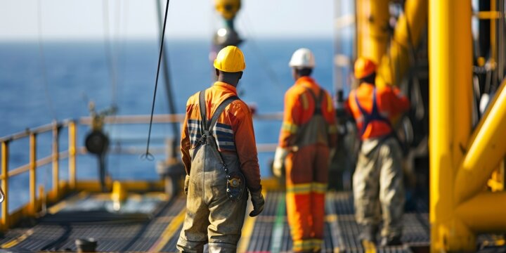 Workers in safety gear, against the backdrop of a massive offshore oil rig in the sea. Generative AI.