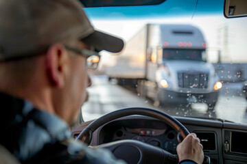 A man is driving a truck and looking at a large truck in front of him - obrazy, fototapety, plakaty