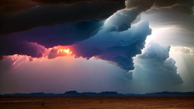 Fiery thunderstorm in the desert. 3D render image, AI Generated