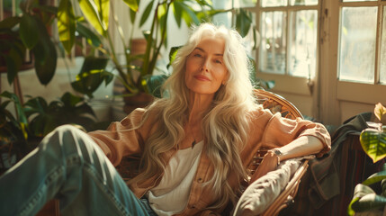 Green Home concept with relaxed stylish woman with long wavy white hair in modern sunny day at home