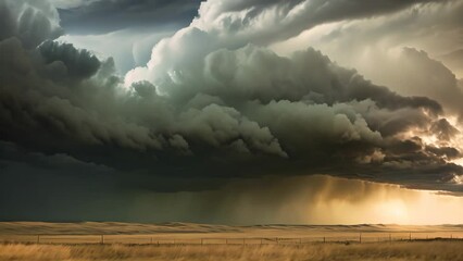Dramatic stormy sky over the river at sunset. Nature composition, AI Generated