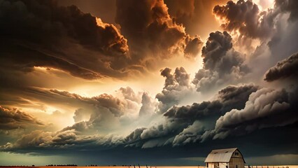 Dramatic stormy sky over a wheat field with a barn, AI Generated - Powered by Adobe